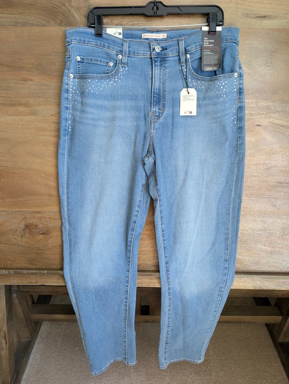 NWT Levi's 724 Slim Straight Jeans Womens 33 Blue Denim Rhinestone High Rise